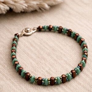 Artisan Beaded Bracelet | Teal Green Glass & Copper Brown Tones | Boho Handmade